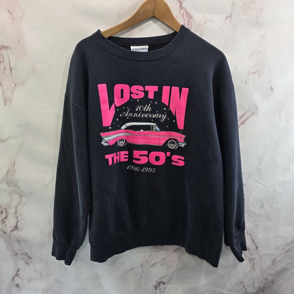 Vintage 50s Sweatshirt Size Large Lost In The Thunderbird Old Car 90s Black Pink